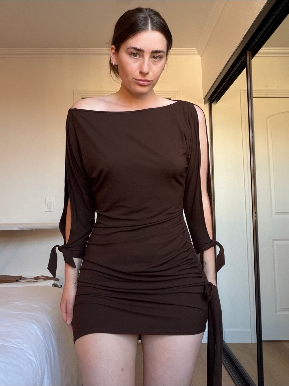 Vintage Cache Off-Shoulder Espresso Tie-Sleeve Dolman Mini Dress